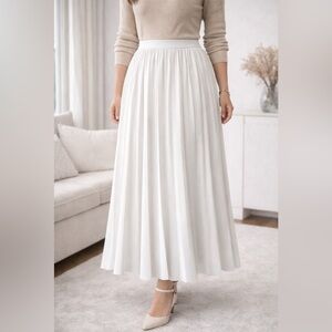 White Long Pleated Skirt | Lined | Elastic Waist
